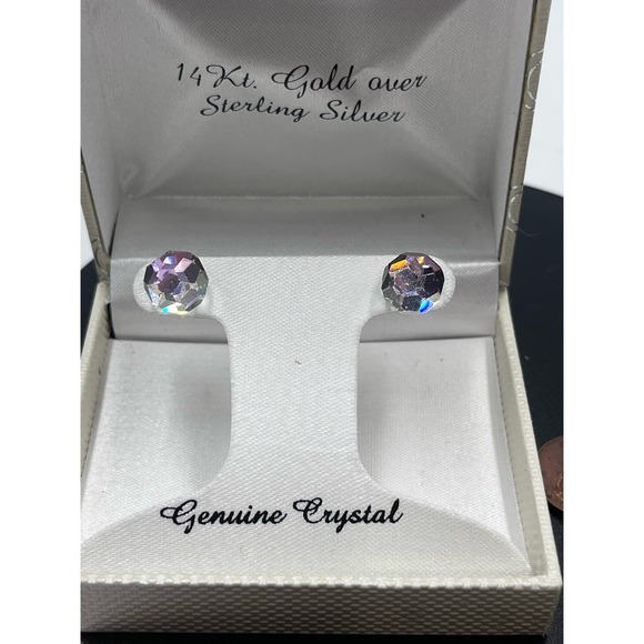 Swarovski SAL Vintage AB Crystal Disco Ball Stud 14k over 925 Earrings in Box - Picture 11 of 14